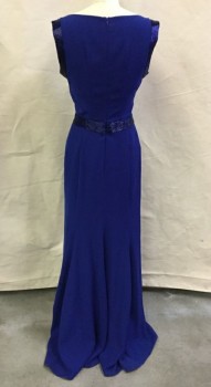 ARMANI, Royal Blue, Polyester, Beaded, Solid, Bateau/Boat Neck, Sleeveless, Back Zipper, Bugal Beaded Arms eyes and Waistband, Gored in Back Floor Length