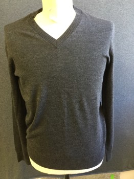Mens, Pullover Sweater, BANANA REPUBLIC, Charcoal Gray, Wool, Solid, M, Heathered Charcoal, V-neck,