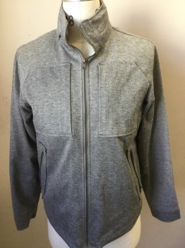 Mens, Casual Jacket, TUNELLUS, Heather Gray, Polyester, Rayon, Solid, M, Zip Front, Stand Up Collar with Hidden Hood, Zip Pockets, Patch Pocket,