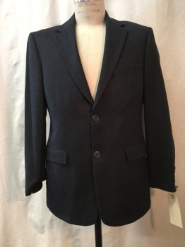 KENNETH COLE, Dk Brown, Navy Blue, Wool, 2 Color Weave, Heathered, Notched Lapel, Collar Attached, 2 Buttons,  3 Pockets,