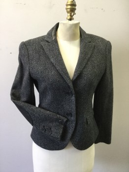 THEORY, Black, White, Wool, Tweed, Single Breasted, Collar Attached, 1/2 Collar Solid Black Leather, Peaked Lapel, 2 Buttons,  2 Flap Pocket, Black Leather Elbow Patches, Double Vented Back