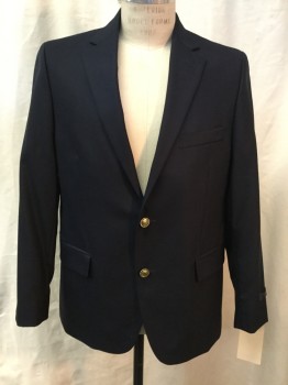 STAFFORD, Navy Blue, Wool, Solid, Notched Lapel, Collar Attached, 2 Buttons,  3 Pockets,