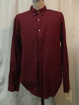 JCREW, Maroon Red, Cotton, Solid, Maroon, Button Front, Button Down Collar, Long Sleeves, 1 Pocket,