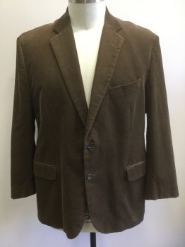 BROOKS BROTHERS, Brown, Cotton, Solid, Corduroy, Single Breasted, Notched Lapel, 2 Buttons, 3 Pockets, Solid Light Brown Lining