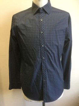 BAR III, Dk Gray, Navy Blue, Cream, Cotton, Polyester, Grid , Dark Gray and Cream Dense Stripes with Navy and Cream Crosshatched Stripes, Long Sleeves, Button Front, Collar Attached