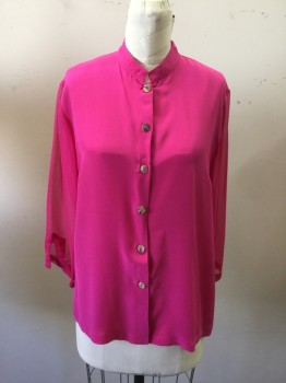 CITRON, Pink, Silk, Solid, Long Sleeves, Button Front, Mandarin Collar