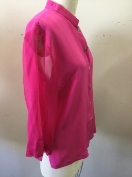 Womens, Blouse, CITRON, Pink, Silk, Solid, M, Long Sleeves, Button Front, Mandarin Collar
