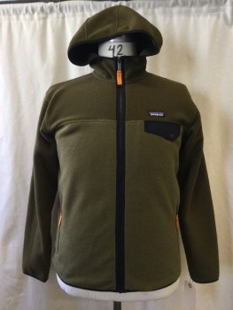 Mens, Casual Jacket, PATAGONIA, Olive Green, Polyester, Solid, M, Zip Front, 2 Zip Pockets, 2 Flap Pocket, Hood