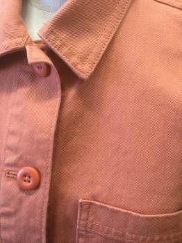 Womens, Jean Jacket, EVERLANE, Clay Orange, Cotton, Solid, XS, Dusty Clay Orange Twill/Denim, 5 Orange Buttons at Front, Collar Attached, 3 Patch Pockets, No Lining