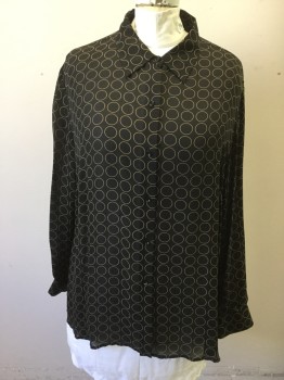 INC, Black, Tan Brown, Silk, Novelty Pattern, Black with Tan Circle Pattern, Button Front, Collar Attached, Long Sleeves, Sheer