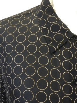 INC, Black, Tan Brown, Silk, Novelty Pattern, Black with Tan Circle Pattern, Button Front, Collar Attached, Long Sleeves, Sheer