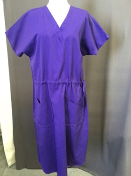 Womens, Nurses Dress, NURSE MATES, Purple, Polyester, Cotton, Solid, M, V-neck, Short Sleeves, Draw String Waist, Patch Pockets