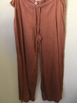 Womens, Casual Pants, NL, Coral Orange, Linen, Solid, 26, Aged & overdyed Coral, Drawstring Waist, Wide Legs
