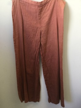 Womens, Casual Pants, NL, Coral Orange, Linen, Solid, 26, Aged & overdyed Coral, Drawstring Waist, Wide Legs