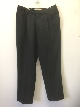 HAGGAR, Black, Polyester, Solid, Double Pleated, Button Tab Waist, Zip Fly, 4 Pockets, Straight Leg, Cuffed Hems