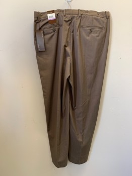 Mens, Slacks, PERRY ELLIS, Taupe, Polyester, Rayon, Herringbone, 38/32, Self Herringbone Pattern, Slant Pockets, Zip Front, Pleat Front, 2 Back Pockets with Buttons