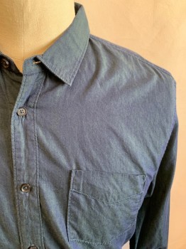 7 FOR ALL MANKIND, Dk Blue, Cotton, Solid, Button Front, Collar Attached, Long Sleeves, 1 Pocket, Button Cuff