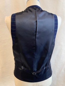 Mens, Suit, Vest, TOPMAN, Navy Blue, Green, Brown, Polyester, Viscose, Grid , 40R, Navy with Green/Brown Grid, Skinny Fit, 5 Button Front, 3 Pockets, Solid Black Satin Back with Self Back Tab Waist Belt/Buckle