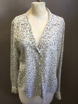 EQUIPMENT, White, Navy Blue, Peach Orange, Gray, Mint Green, Silk, Floral, Button Front, Collar Attached, L 1 Pocket, Long Sleeves, White Piping at Pocket and Cuff