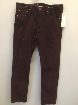 LEVI'S, Red Burgundy, Cotton, Solid, Corduroy, 513, Flat Front, 5 + Pockets, Jean Cut