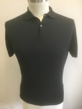 JOHN SMEDLEY, Black, Wool, Solid, Knit, Short Sleeves, Collar Attached, 2 Button Placket, Has a Double