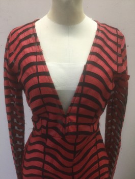 MONACO, Red, Black, Polyester, Faux Leather, Stripes - Horizontal , Abstract , Black See-Thru Net with Opaque Red Pleather Wavy Horizontal Stripes, Long Sleeves, Plunging V-neck, Empire Waist, Floor Length with Flared Tulip Hem, Invisible Zipper in Back