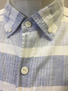 TOMMY BAHAMA, Lt Blue, White, Cotton, Tencel, Stripes - Horizontal , White with Light Blue Horizontal Stripes, Micro Stripes Forming Larger Stripes, Short Sleeve Button Front, Collar Attached, Button Down Collar, 1 Pocket