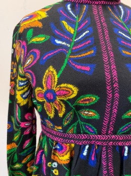 JOSEPH MAGNIN, Black, Yellow, Hot Pink, Green, Orange, Cotton, Polyester, Floral, High Pleated Neck, Attached Self Belt, Long Sleeves with Pleated Cuffs, Center Back Zipper, Hem Needs to Be Put Back Up