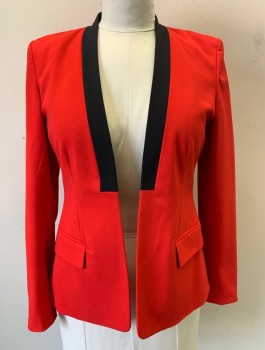 VINCE CAMUTO, Red, Black, Solid, Red with Black Panel Along Neckline, No Lapel, Long Sleeves, Padded Shoulders, No Closures/Buttons, 2 Pockets, Black Lining