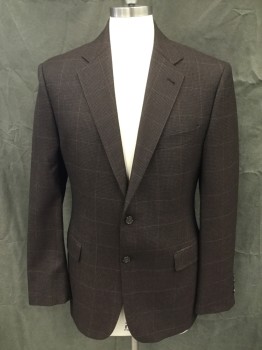 JOSEPH ABBOUD, Chocolate Brown, Black, Tan Brown, Silk, Wool, Houndstooth, Grid , Single Breasted, Collar Attached, Notched Lapel, 3 Pockets, Long Sleeves