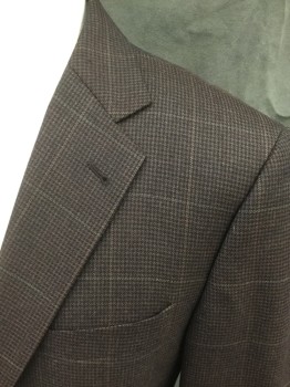 JOSEPH ABBOUD, Chocolate Brown, Black, Tan Brown, Silk, Wool, Houndstooth, Grid , Single Breasted, Collar Attached, Notched Lapel, 3 Pockets, Long Sleeves