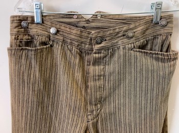 Mens, Historical Fiction Pants, WAH MAKER, Brown, Tan Brown, Cotton, Stripes - Pin, Ins:28, W:32, Heavy Twill, Button Fly, 4 Pockets Including Watch Pocket, Suspender Buttons at Outside Waistband, Belted Detail at Back Waist, Reproduction 1800's Western