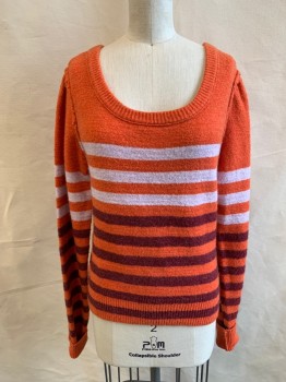 FREE PEOPLE, Orange, White, Maroon Red, Cotton, Nylon, Stripes, Scoop Neck, Long Sleeves, Ribbed Knit Neck/Waistband/Cuff, Exterior Shoulder Seams