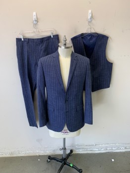Mens, Suit, Jacket, RYAN SECREST, Blue, White, Wool, Polyester, Heathered, Stripes - Shadow, L, 42, Button Front, 2 Back Vents,
