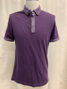 BANANA REPUBLIC, Plum Purple, Cotton, Polyester, Heathered, Color Blocking, Button Down Collar, 3 Button Placket, Short Sleeves, Light Plum Collar and Cuffs