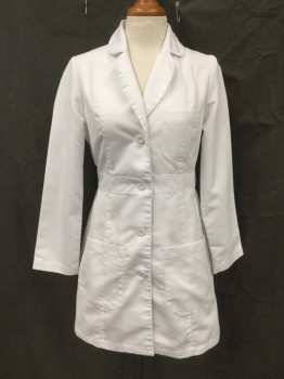 GREY'S ANATOMY, White, Poly/Cotton, Solid, Peter Pan Collar, Long Sleeves, 3 Pockets, 4 Buttons, Waistband,  Button Back Belt