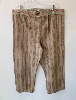 Mens, Historical Fiction Pants, N/L MTO, Beige, Red, Cotton, Stripes, Ins:30, W:45, Canvas, Fall Front, Gold Buttons, Tan Twill Ties at Center Back Waist, Made To Order Reproduction