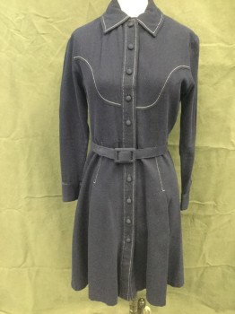 N/L, Navy Blue, Cotton, Solid, Pique Knit, Fabric Covered Button Front, Collar Attached, White Stitching, Drop Pleat Skirt, Western Yoke/Cuff, Self Belt, Knee Length