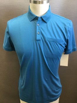 BOSS, Turquoise Blue, Cotton, Solid, Short Sleeves, Double, 1 Faux Pocket