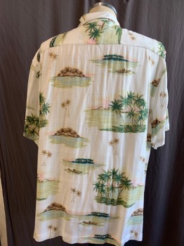 Mens, Hawaiian Shirt, CARIBBEAN, White, Green, Lt Pink, Brown, Rayon, Hawaiian Print, XL, White Base with Island Landscape Print in Greens, Browns and Pale Pink. 1pocket