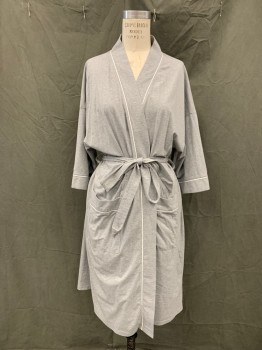 Womens, SPA Robe, EKOUAER, Heather Gray, Cotton, Spandex, M, Thin, Shawl Collar with White Piping, Short Sleeves, White Cuff Piping, 2 Pockets, with Piping, Self Belt