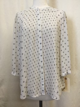 H&M, White, Black, Synthetic, Floral, Button Front, Sheer, Pleated Center Front, Long Sleeves,