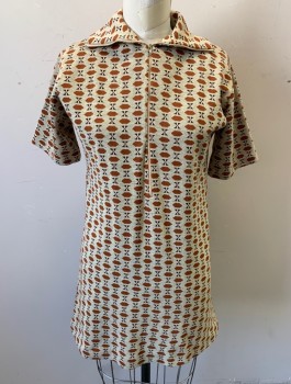 FASHIONVILLE BY MARI, Beige, Rust Orange, Dk Brown, Polyester, Geometric, Double Knit with Hexagons and Triangles Pattern, Short Sleeves, Mini Dress, Zip Front, Collar Attached,
