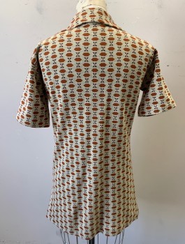 FASHIONVILLE BY MARI, Beige, Rust Orange, Dk Brown, Polyester, Geometric, Double Knit with Hexagons and Triangles Pattern, Short Sleeves, Mini Dress, Zip Front, Collar Attached,
