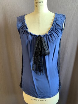 Womens, Top, T COLLECTION, Dk Blue, Silk, Solid, 2, Drawstring Ruffle Scoop Neck, Sleeveless, Black Lace Drawstring Tie, Black Lace Side Seam Layer Panels