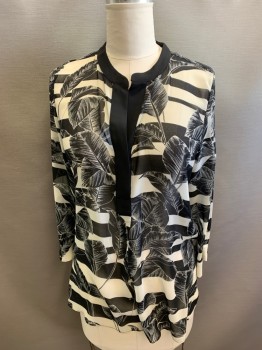 Womens, Blouse, VINCE CAMUTO, Black, Ivory White, Polyester, Leaves/Vines , Stripes - Horizontal , L, Pullover, Black Band Collar and Hidden 2 Button Placket, Long Sleeves, Chiffon,