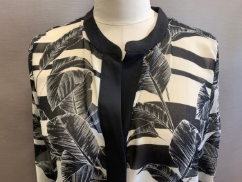 Womens, Blouse, VINCE CAMUTO, Black, Ivory White, Polyester, Leaves/Vines , Stripes - Horizontal , L, Pullover, Black Band Collar and Hidden 2 Button Placket, Long Sleeves, Chiffon,