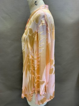 Womens, Blouse, CITRON, Baby Pink, Peach Orange, Silk, M, Abstract Floral, Button Front, L/S, Band Collar,