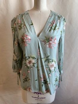 Womens, Top, REBECCA TAYLOR, Sage Green, Green, Pink, White, Silk, Viscose, Floral, 00, V-neck, Pullover, Long Sleeves, Ties at Cuffs