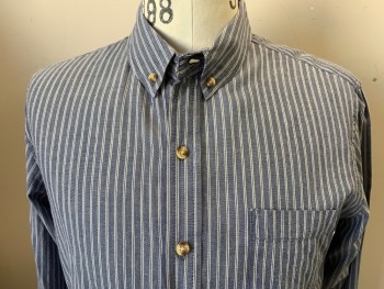 OBEY PROPOGANDA, Faded Navy, White, Cotton, Stripes - Vertical , Long Sleeves, Button Front, Button Down Collar, 1 Pocket,